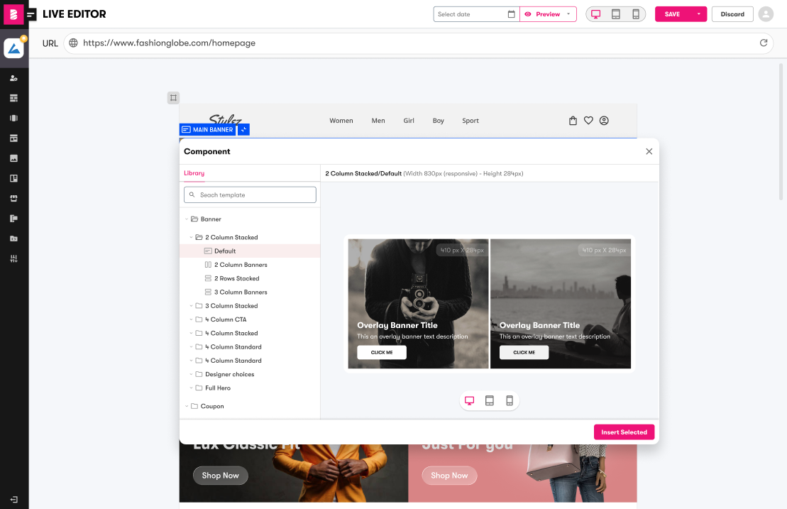 Component modal showing scheduled content template library with 2 Column Stacked/Default template selected