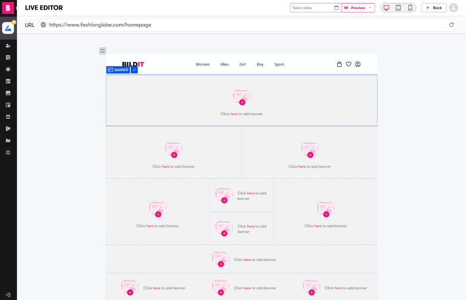 Visual Editor interface showing scheduled content slots with add-content placeholders