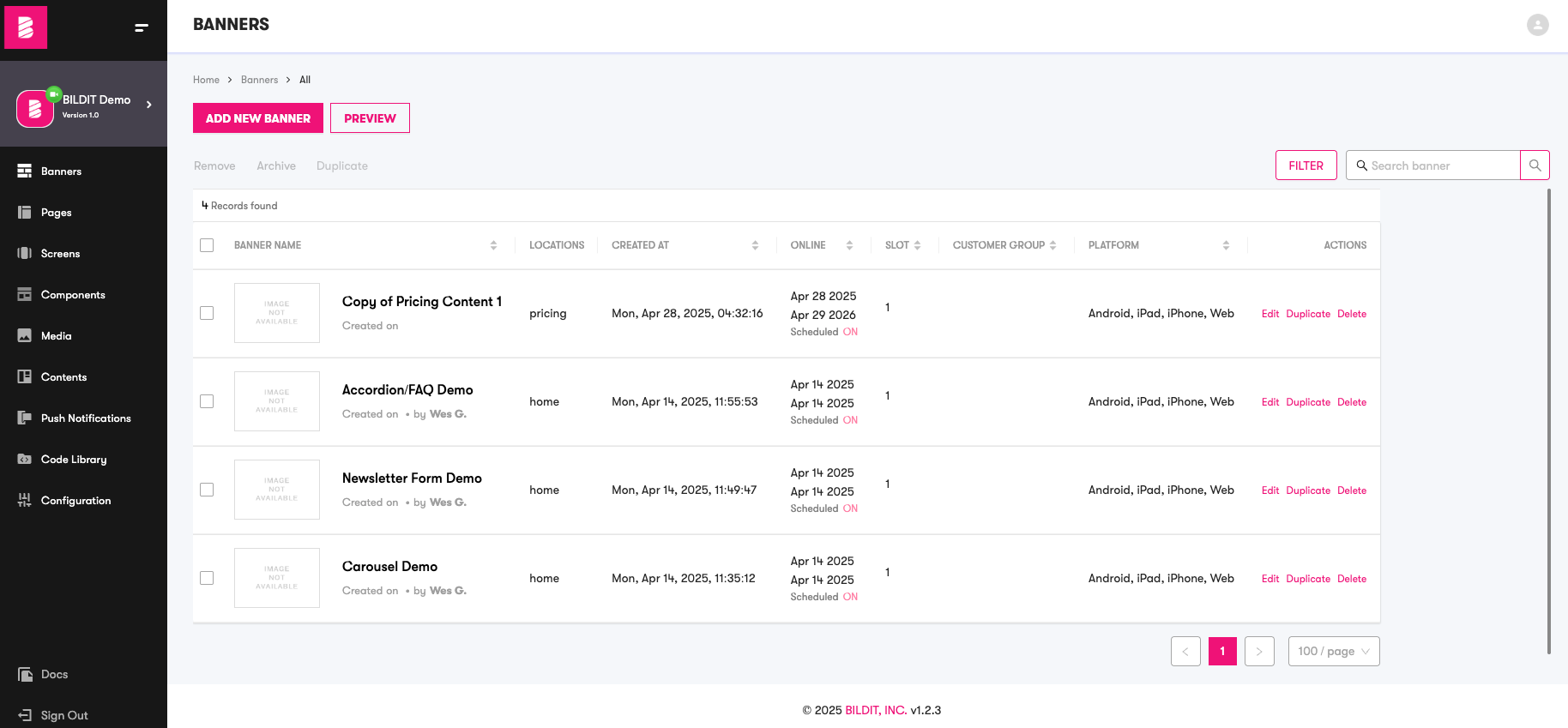 Sidebar Menu with Scheduled Content selected and PREVIEW button visible