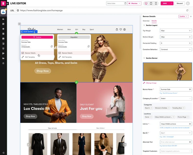 Component modal with Templates tab showing grid of scheduled content templates including 2 Column Stacked, Full Width, and 3 Column Stacked options